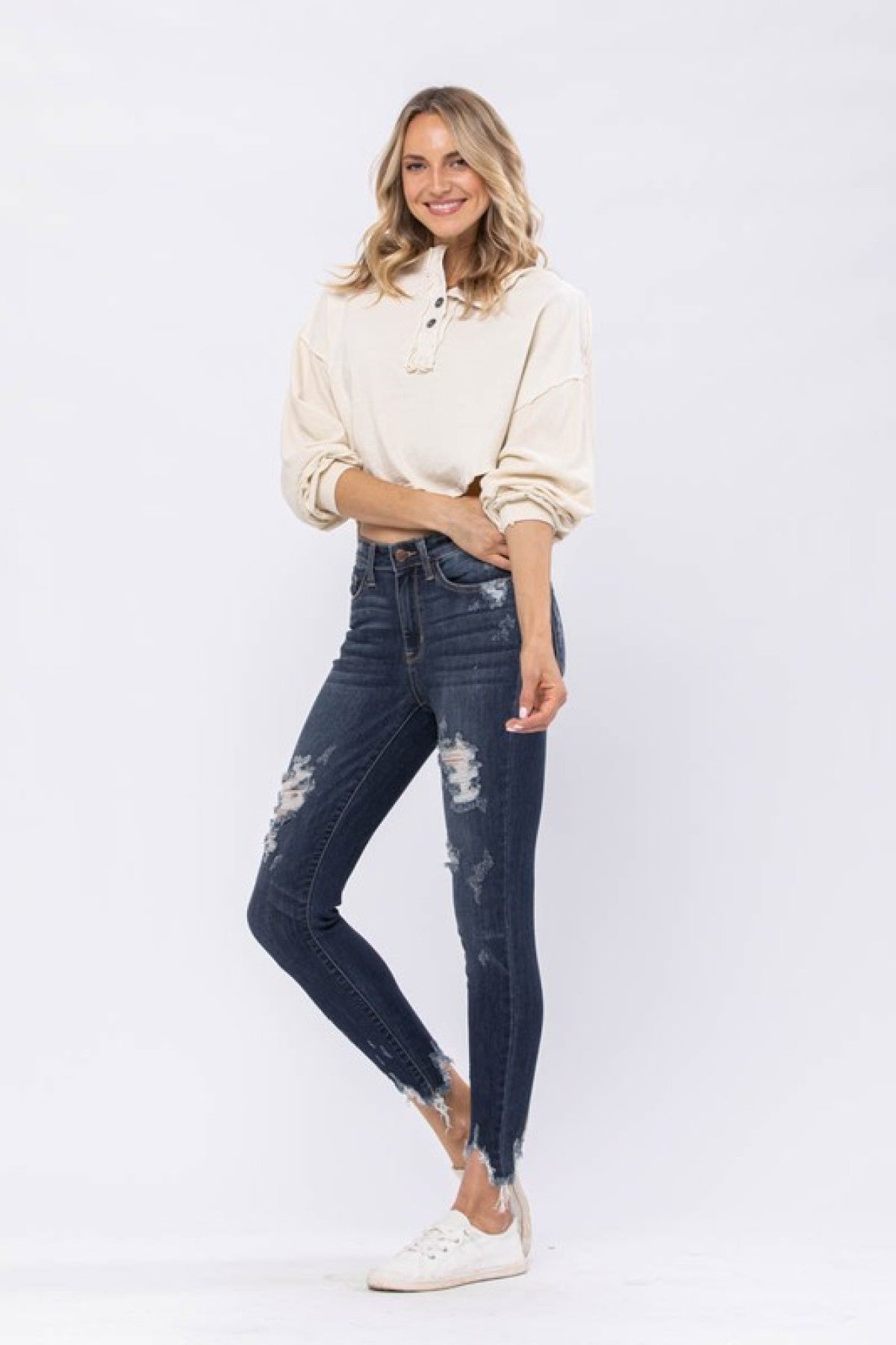 Judy Blue Mid-Rise Destroyed Hem Shark Bite Skinny Jeans