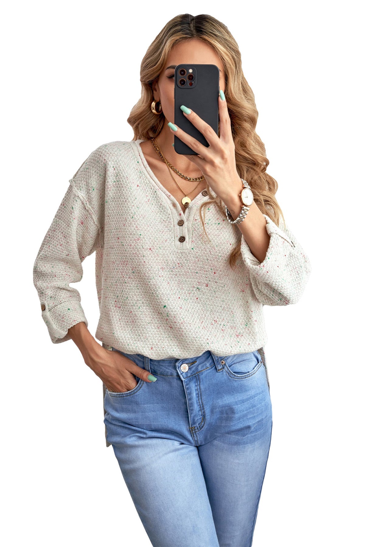 Buttoned Drop Shoulder Knitted Sweater