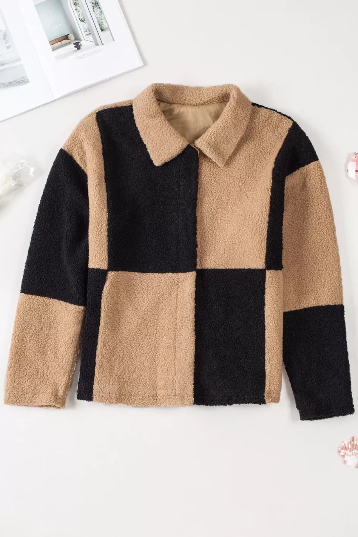 Colorblock Checkered Sherpa Jacket