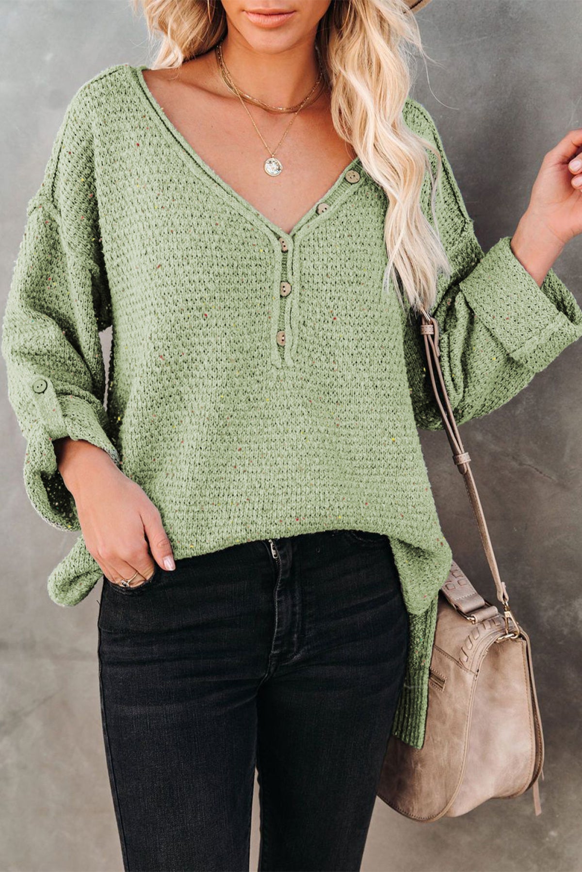 Buttoned Drop Shoulder Knitted Sweater