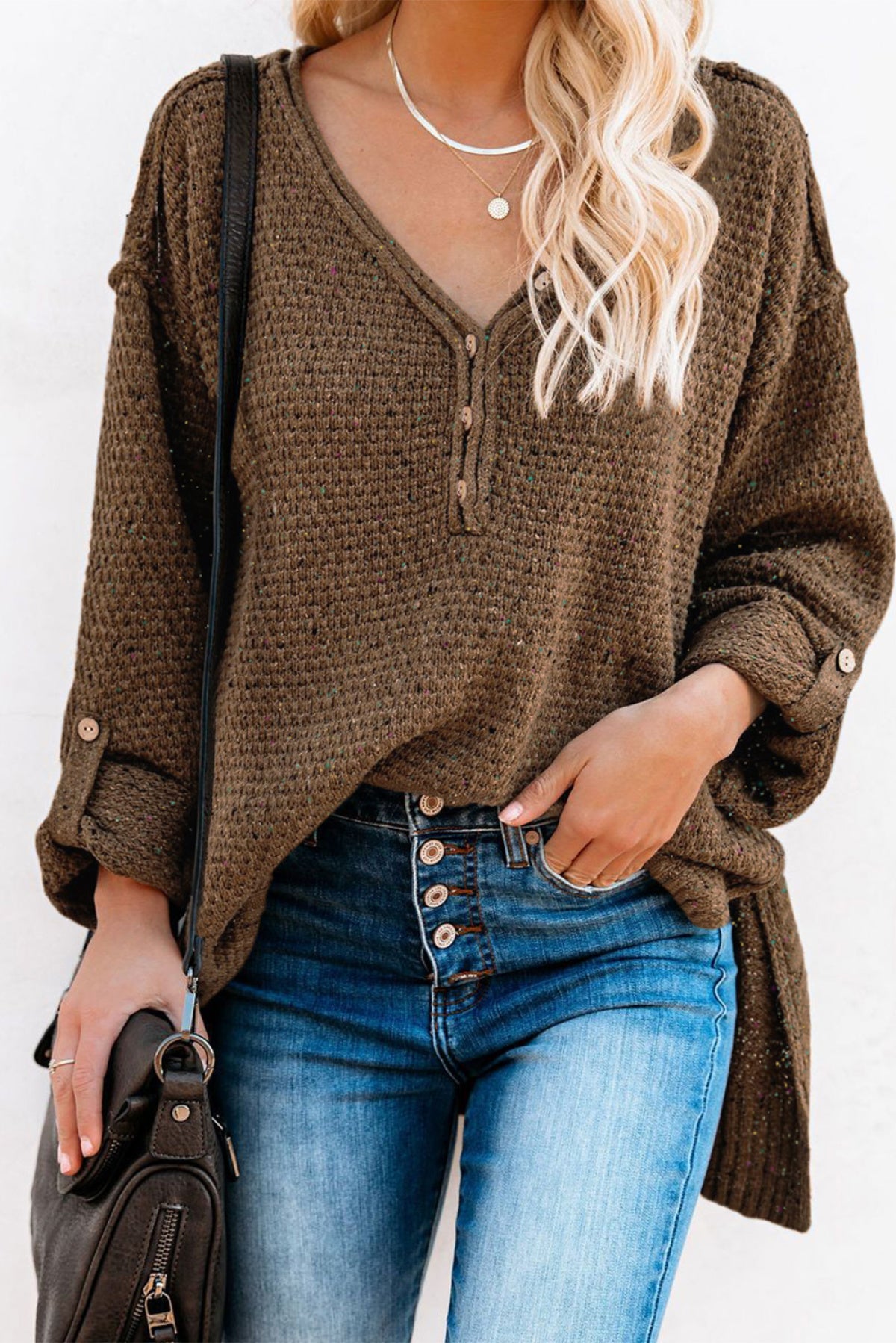 Buttoned Drop Shoulder Knitted Sweater