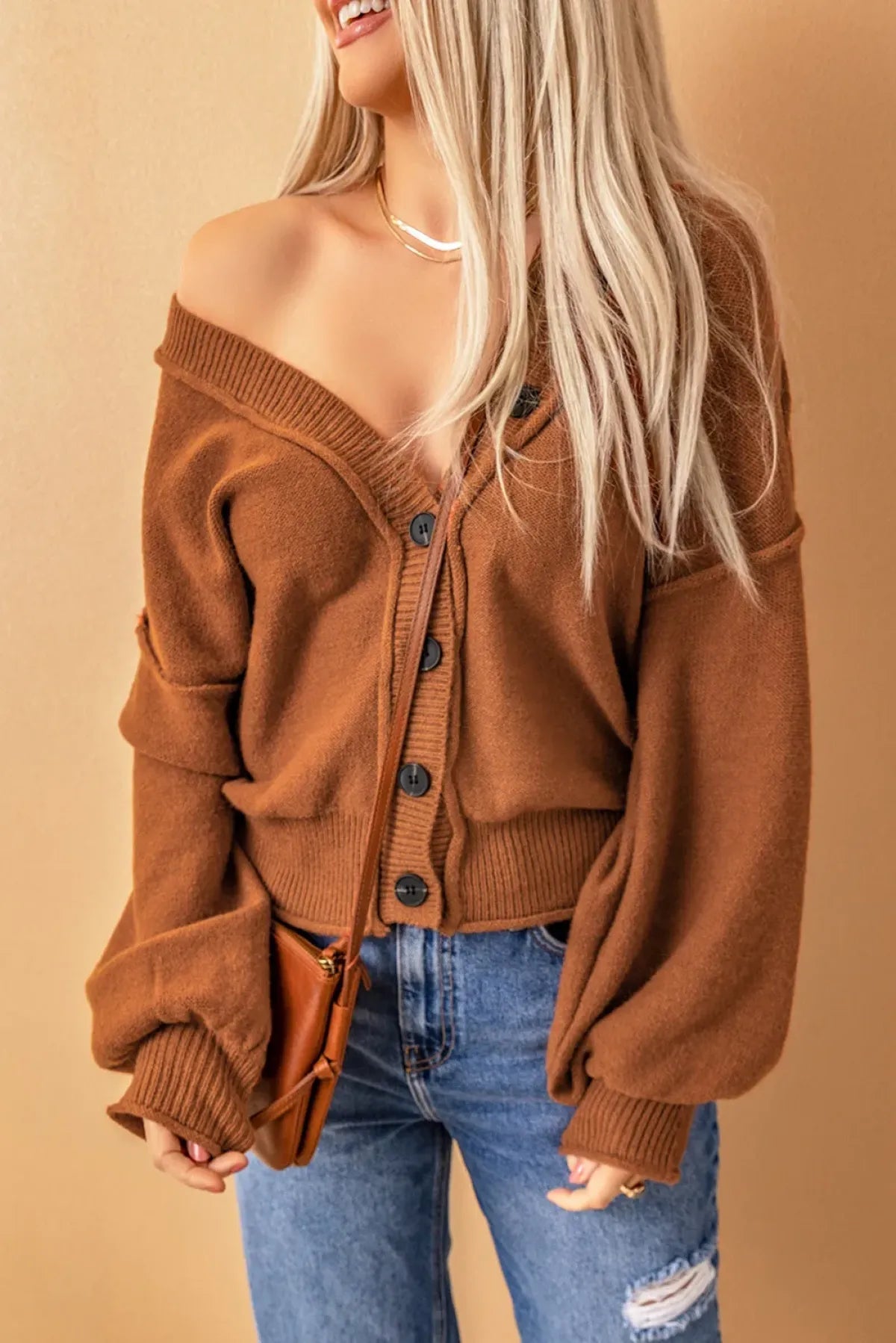 Reverse Seam Trim Puff Sleeve Plunging Cardigan