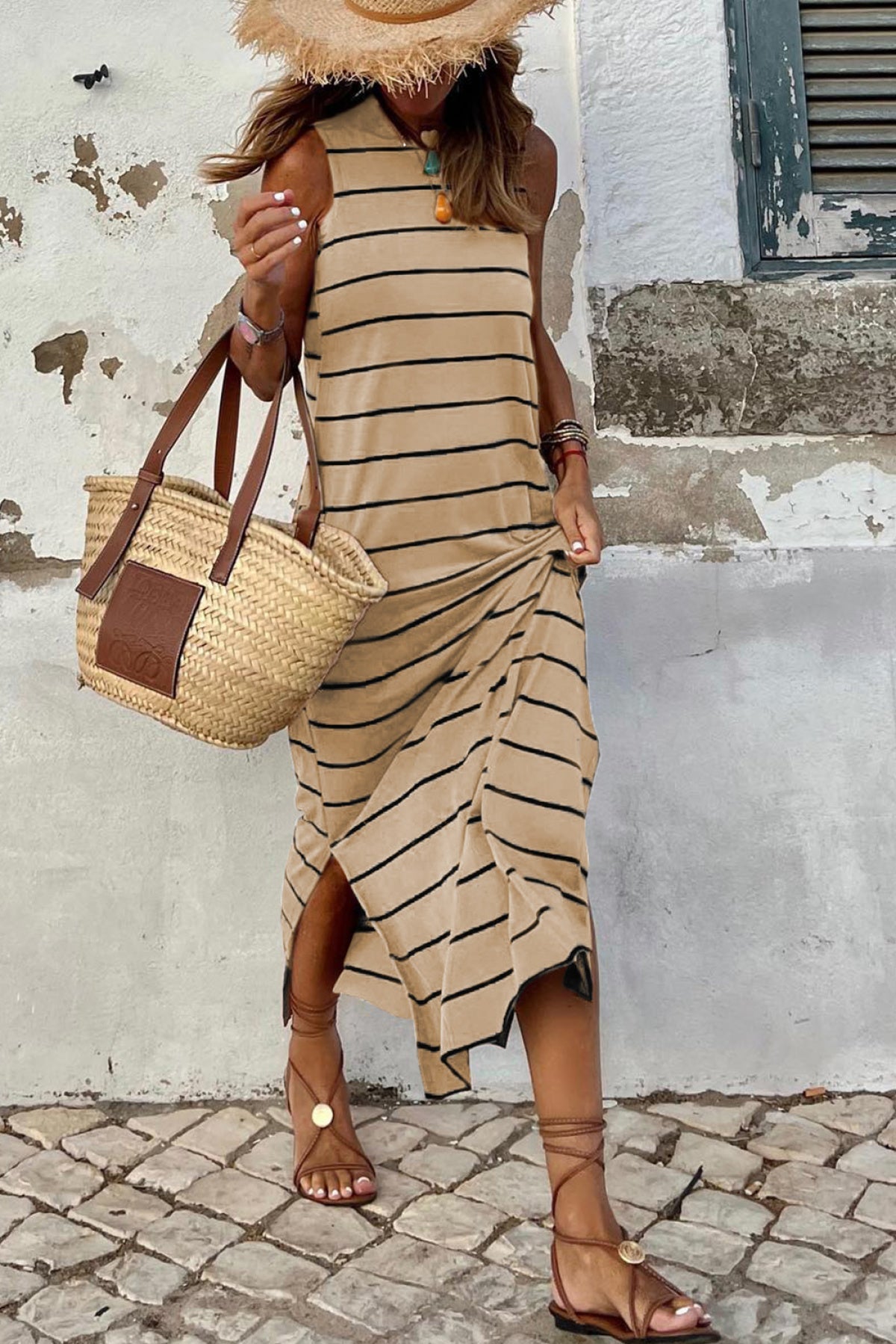 Stripe Print Open Back Sleeveless Maxi Dress With Slits