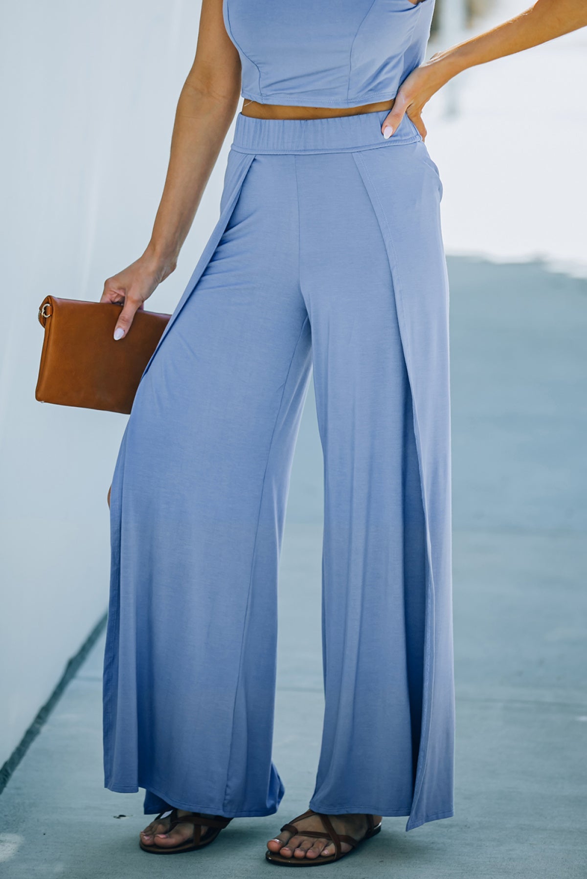 Sky Blue Knotted Backless Cami Top And Split High Waist Pants Set