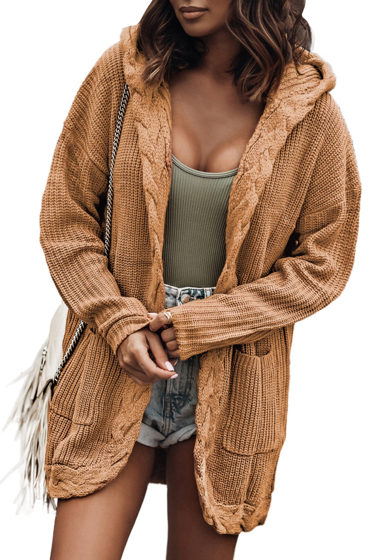 Solid Color Cable Knit Cardigan With Pockets