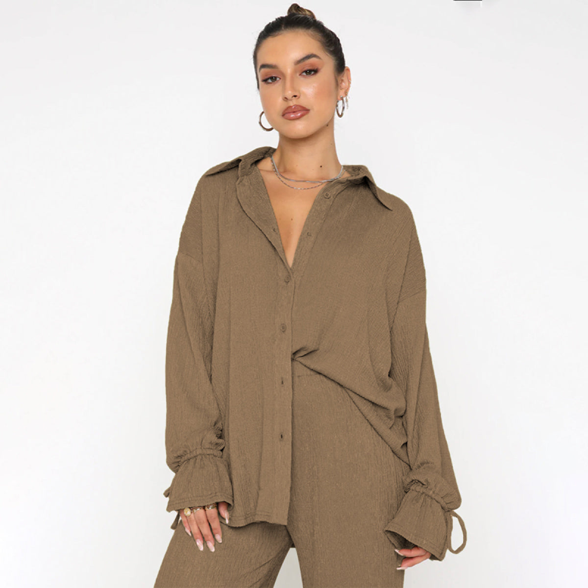 Single-Breasted Balloon Long-Sleeved Blouses & Slit Pants Sets