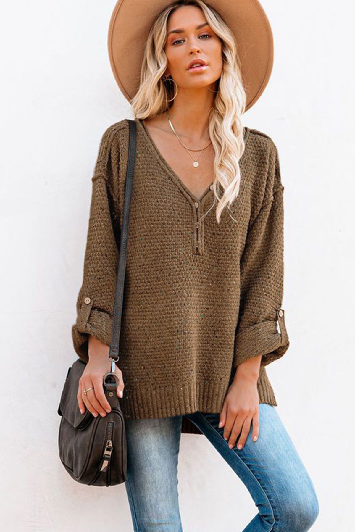 Buttoned Drop Shoulder Knitted Sweater