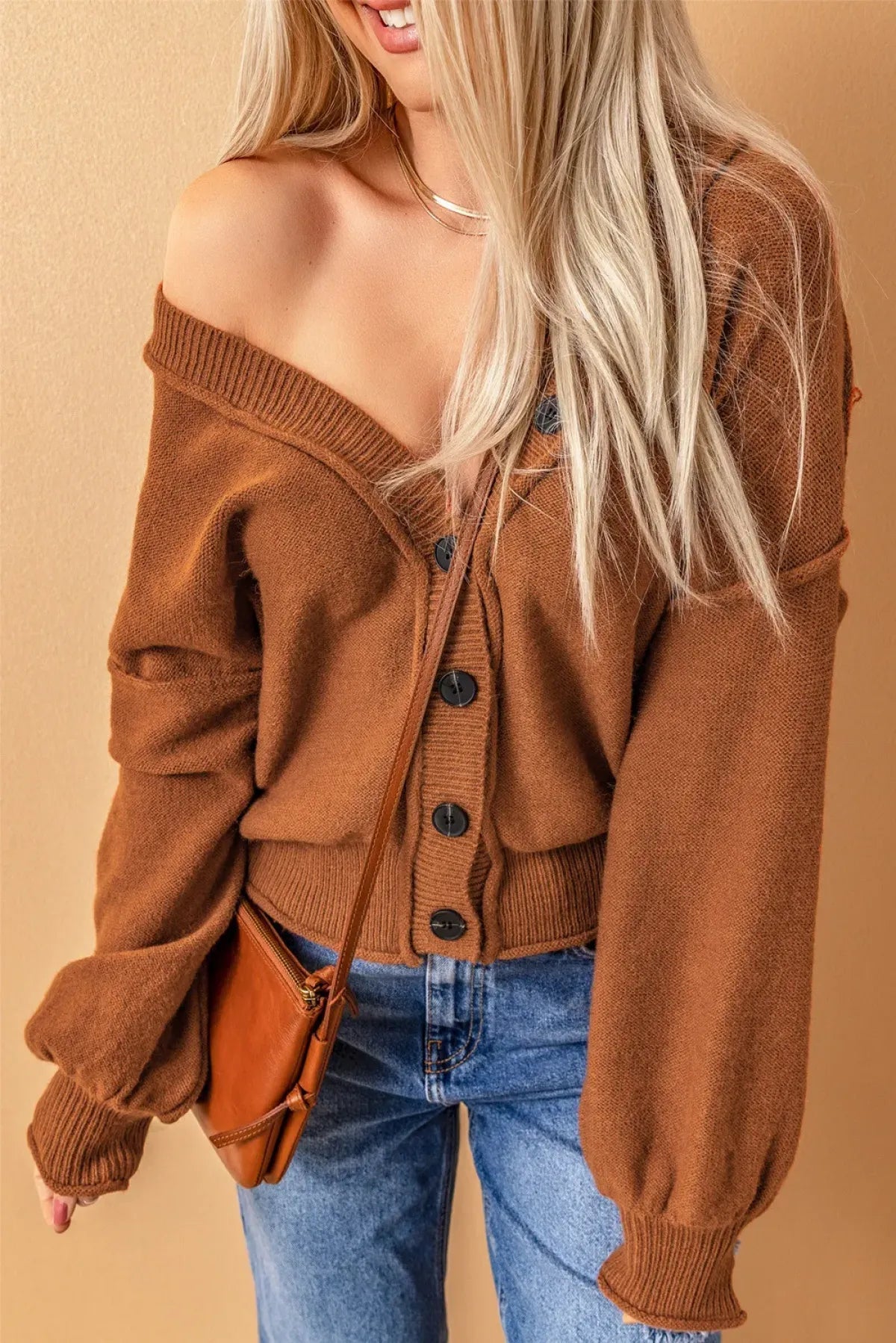 Reverse Seam Trim Puff Sleeve Plunging Cardigan