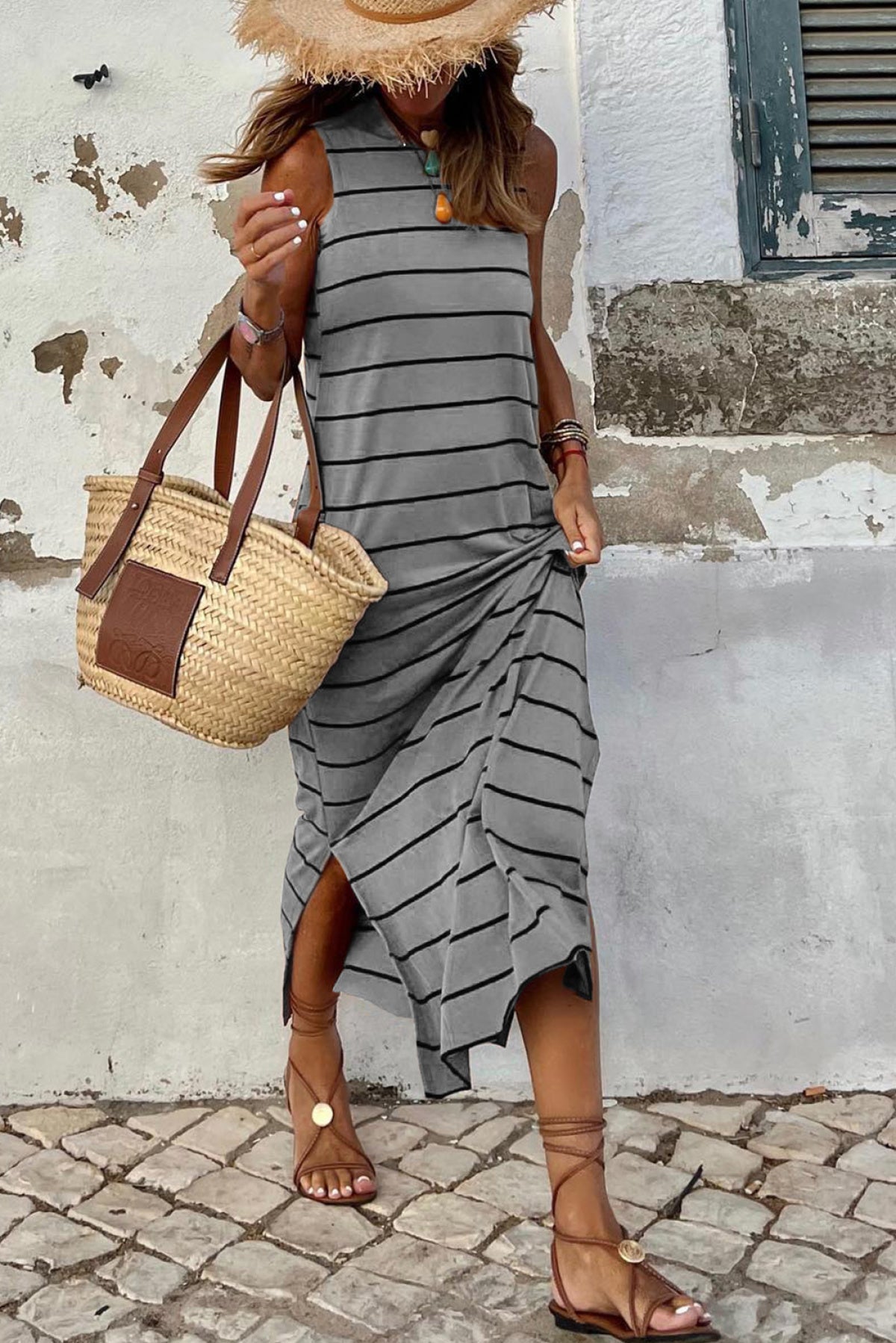 Stripe Print Open Back Sleeveless Maxi Dress With Slits