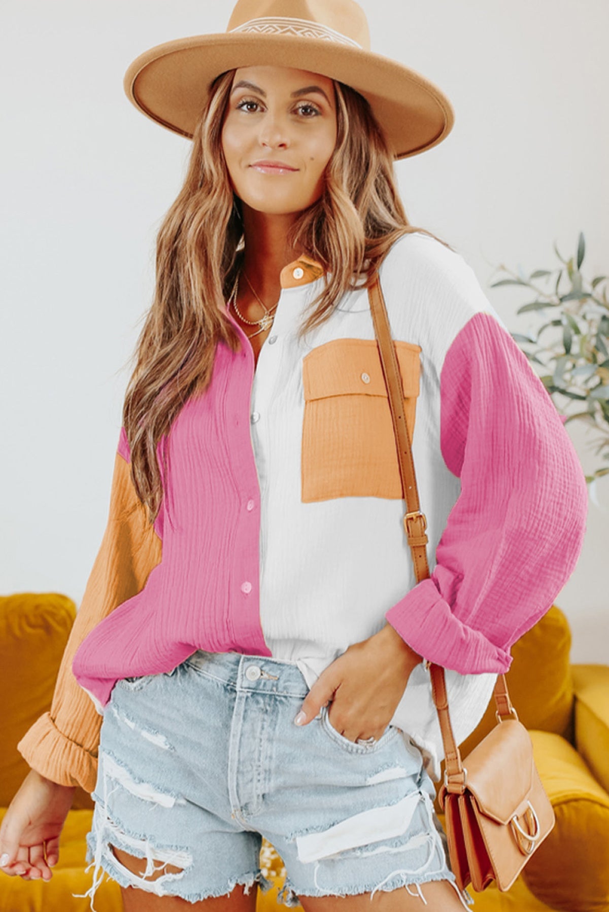 Color Block Textured Long Sleeve Shirt With Pocket