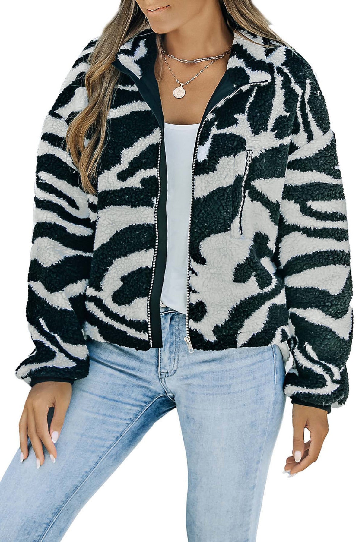 Black Zebra Teddy Zip-Up High Neck Jacket