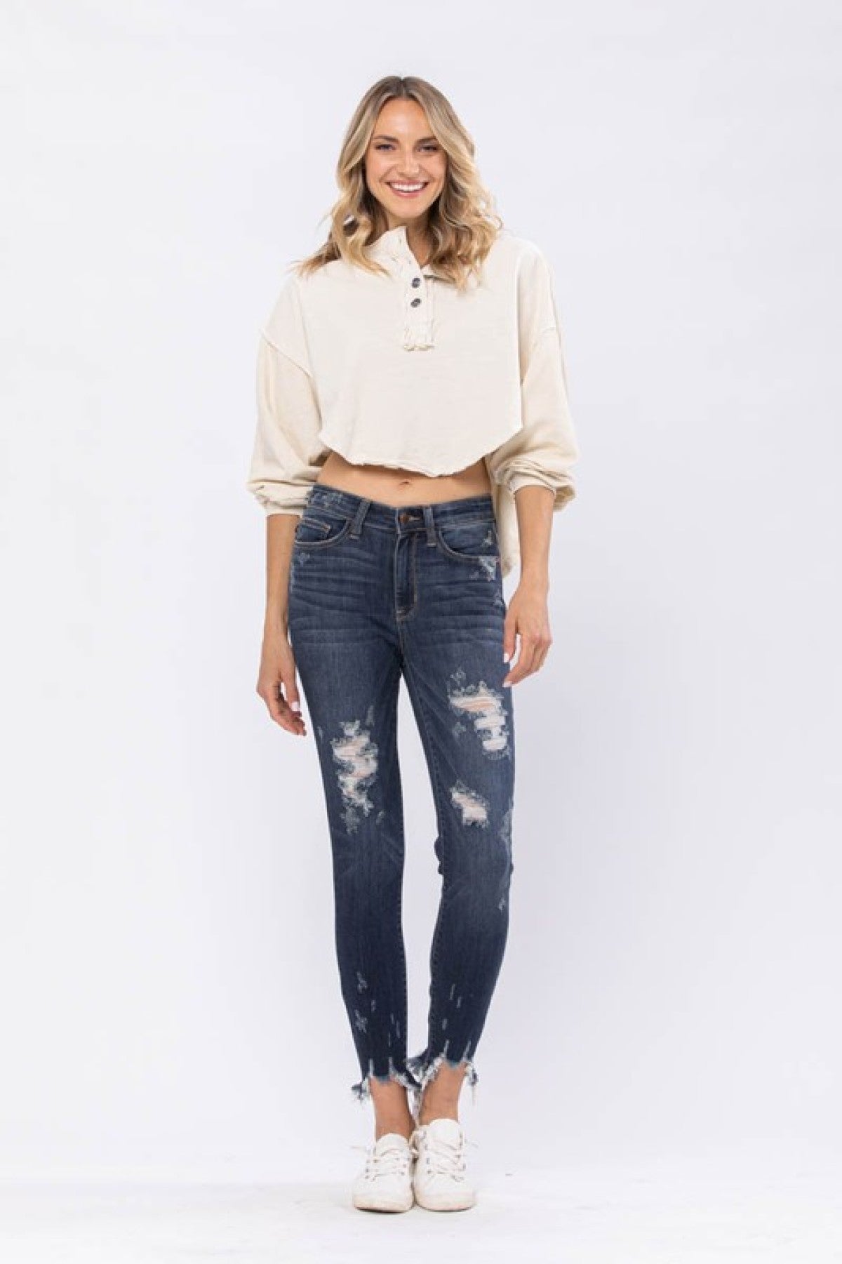 Judy Blue Mid-Rise Destroyed Hem Shark Bite Skinny Jeans