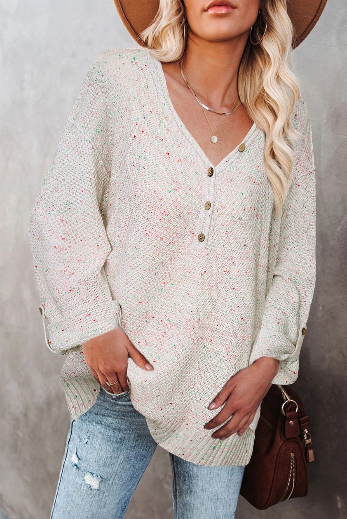 Buttoned Drop Shoulder Knitted Sweater