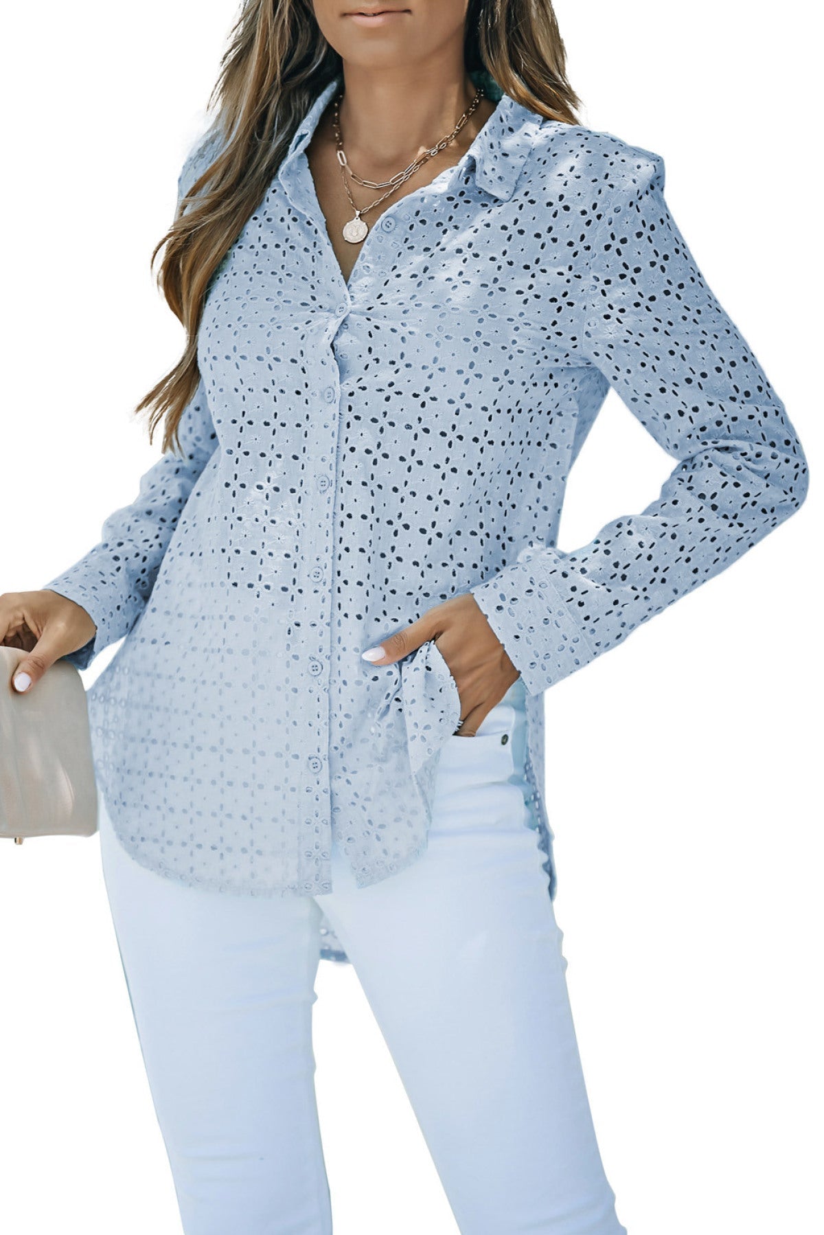 Long Sleeve Eyelet Floral Cut Out Shirt