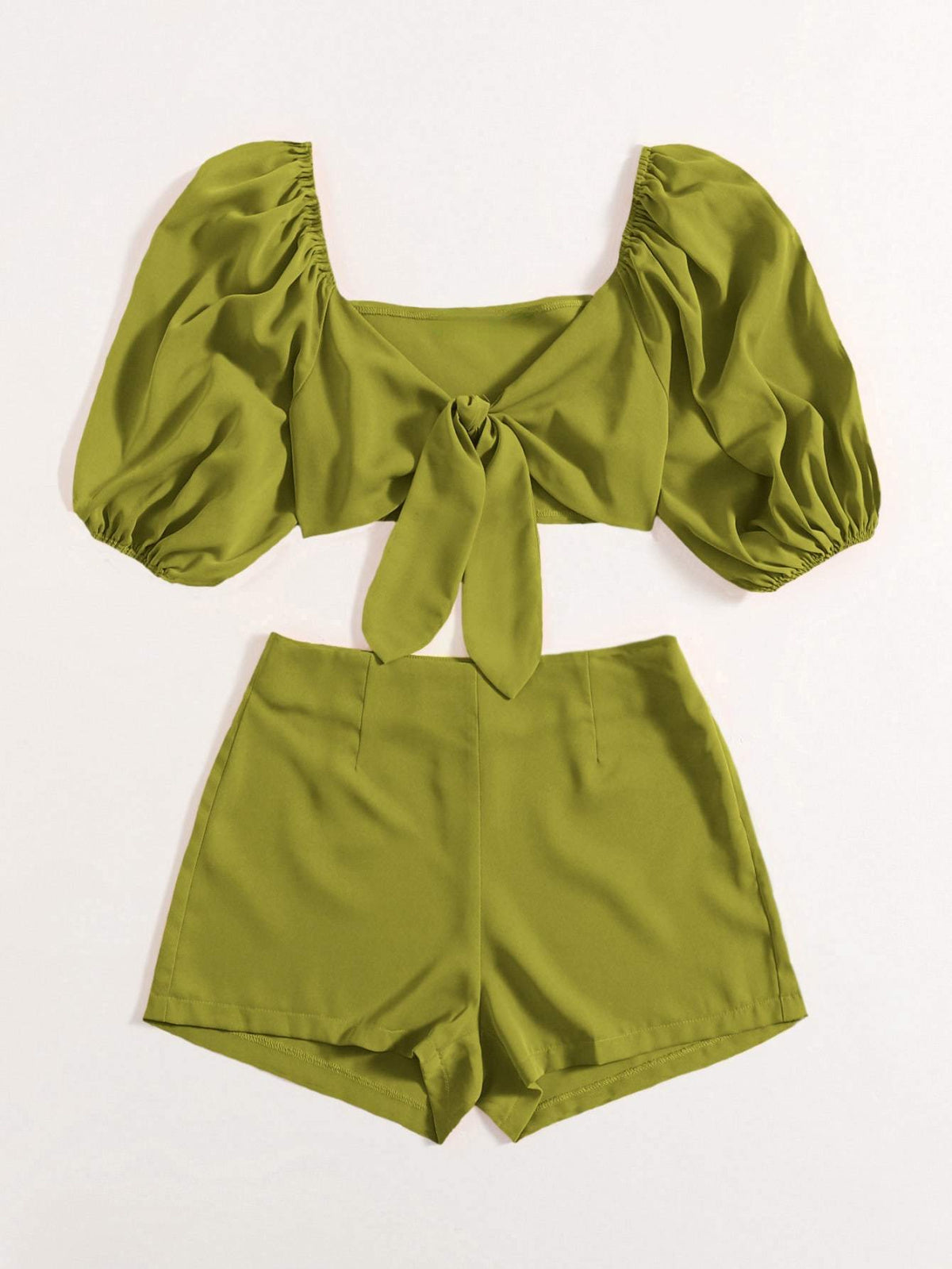 Solid Tie Front Crop Top & Shorts Set