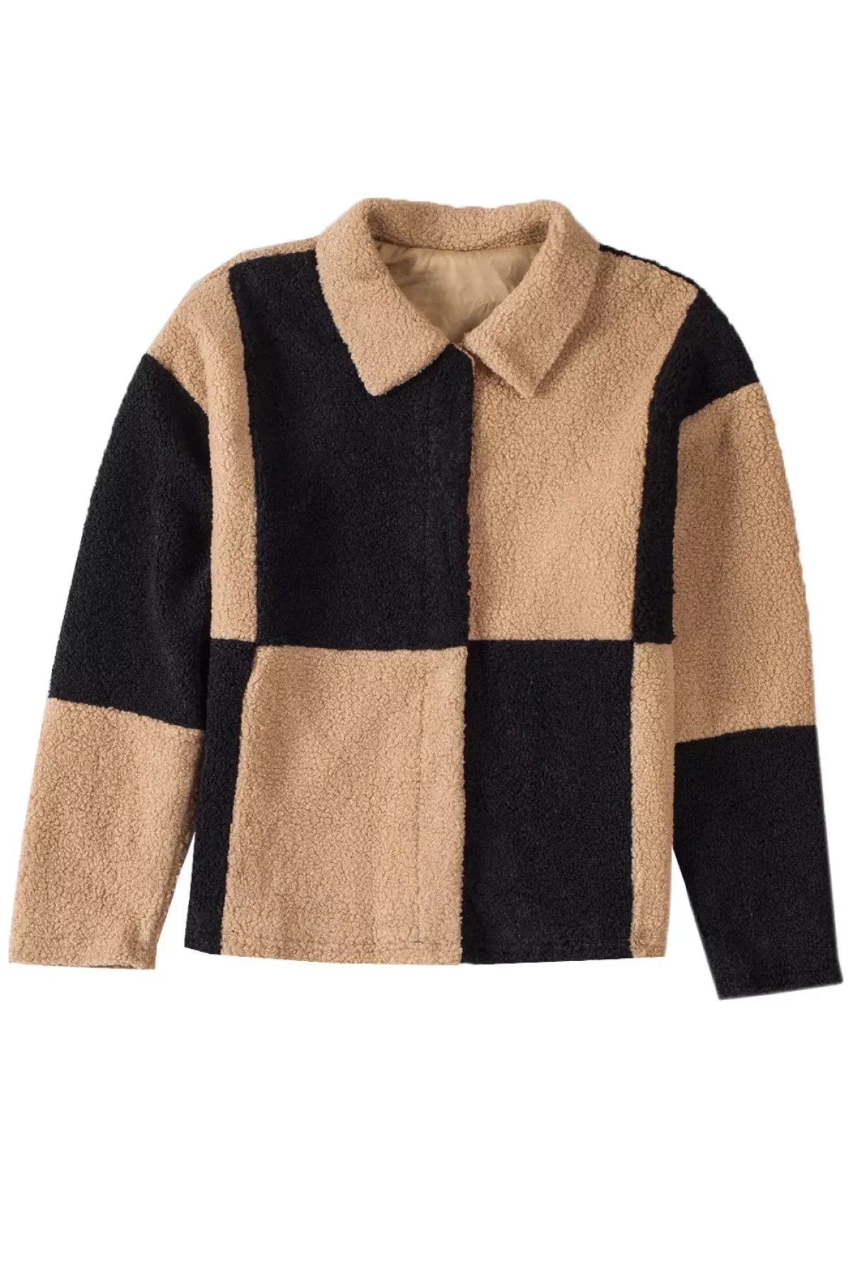 Colorblock Checkered Sherpa Jacket