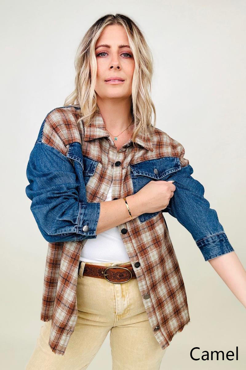 Cotton Bleu Brushed Plaid Denim Jacket