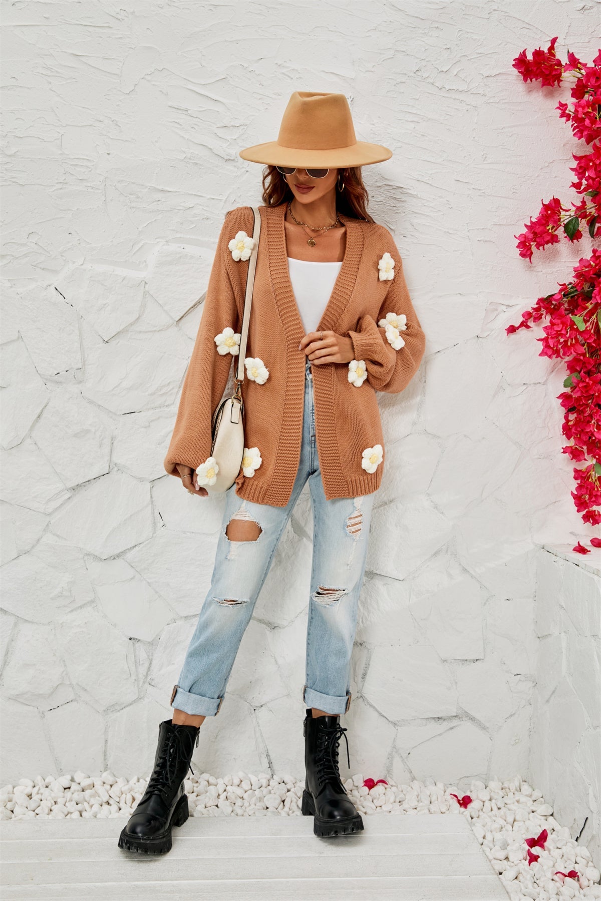 Flower Balloon Sleeve Cable Knit Cardigans