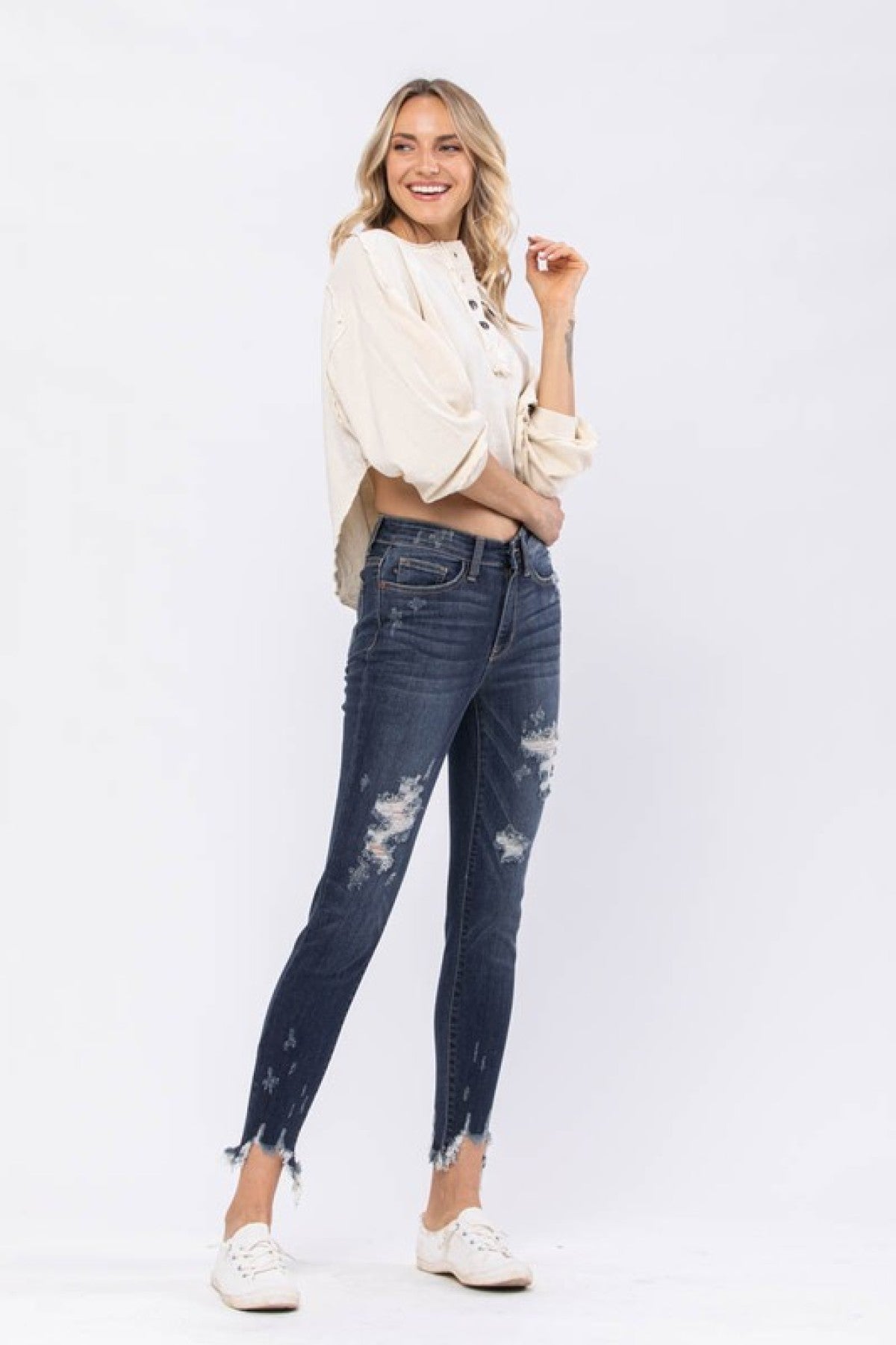 Judy Blue Mid-Rise Destroyed Hem Shark Bite Skinny Jeans