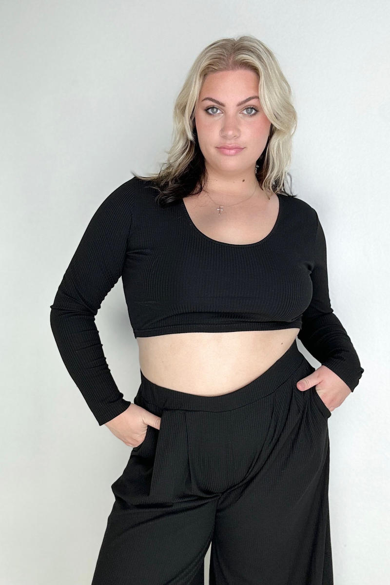 Black Ribbed Crop Top And Wide Leg Pants Set