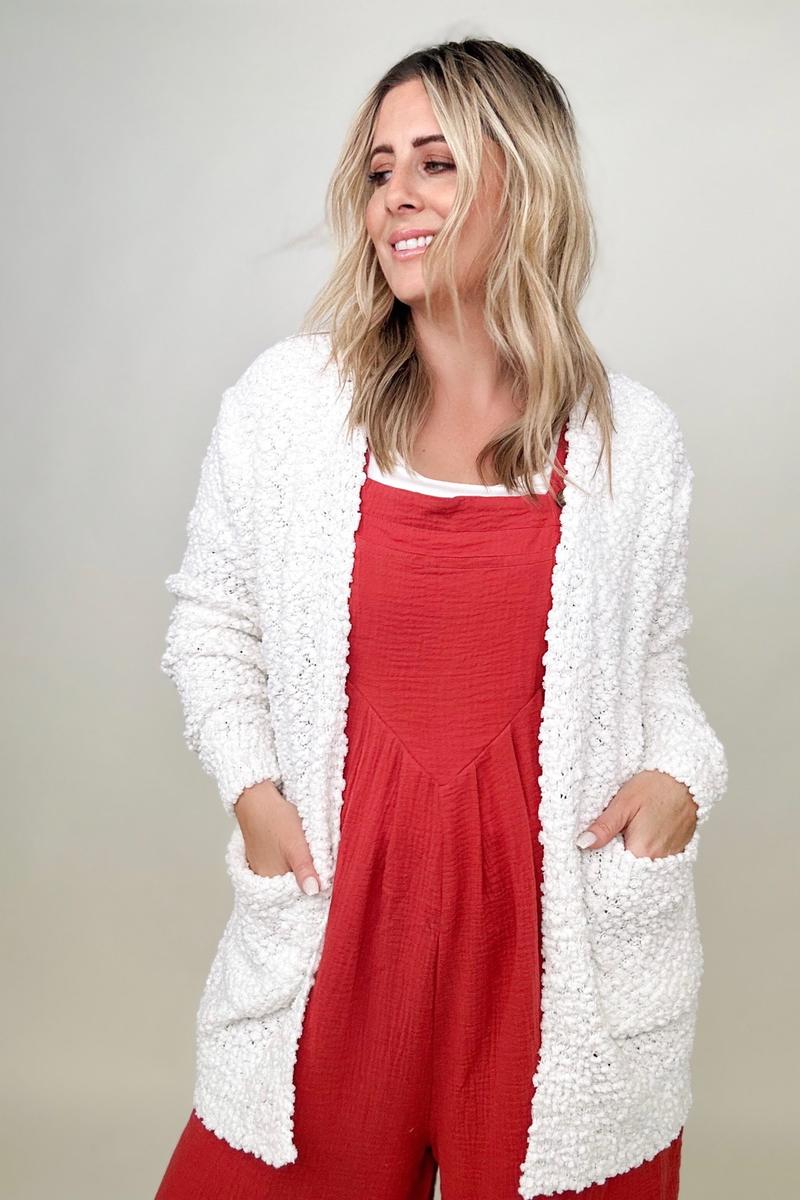 Zenana Long Sleeve Popcorn Sweater Cardigan with Pockets