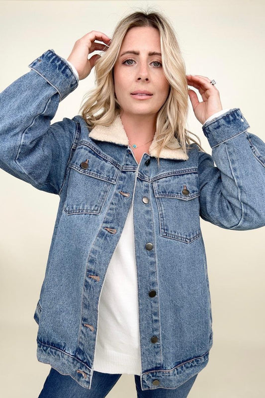 Cotton Bleu Oversized Washed Denim Jacket With Sherpa Collar