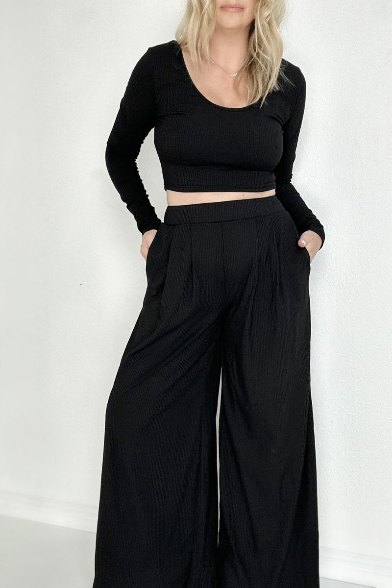 Black Ribbed Crop Top And Wide Leg Pants Set