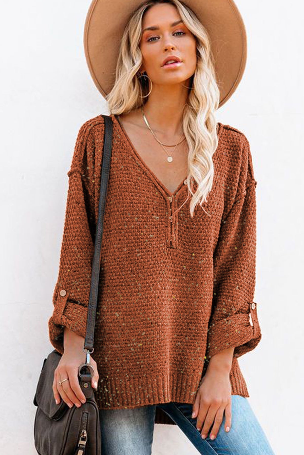 Buttoned Drop Shoulder Knitted Sweater