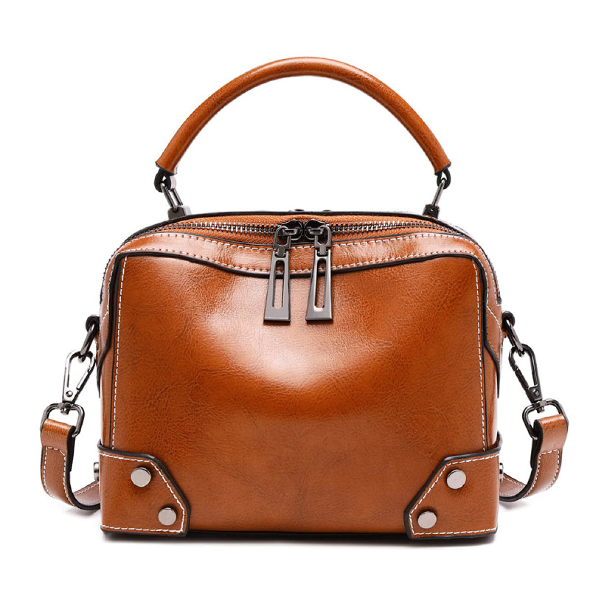 Solid Oil Wax Double Zippers Shoulder Bag