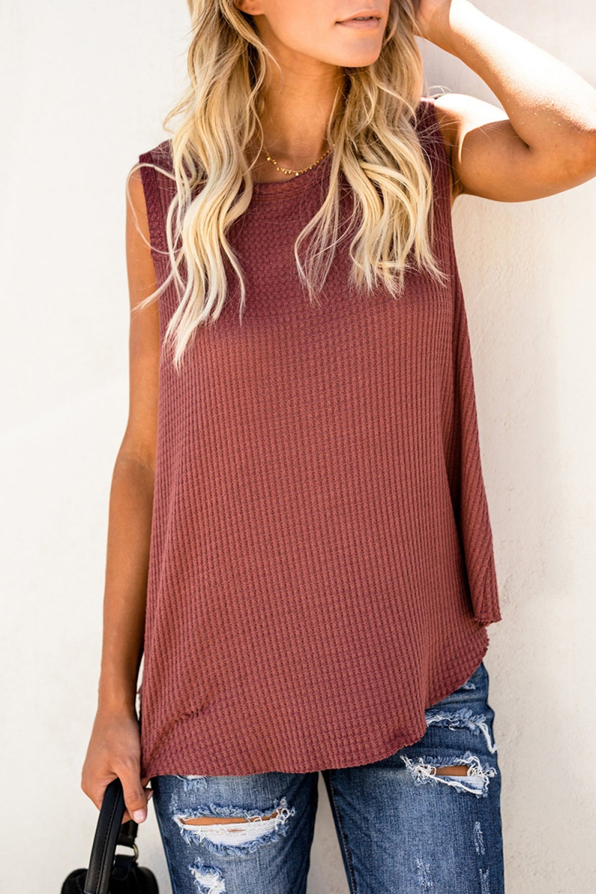 Apricot Crew Neck Waffle Tank Top