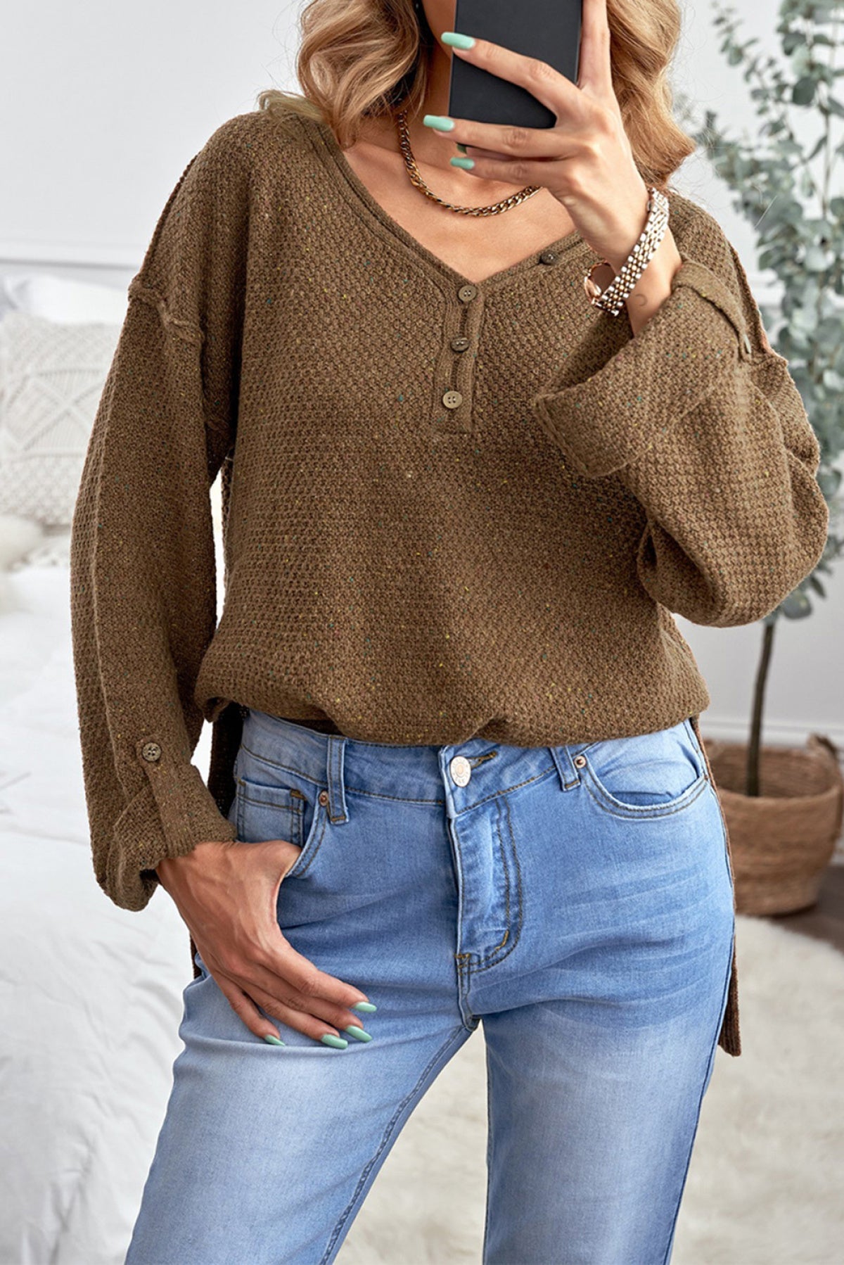 Buttoned Drop Shoulder Knitted Sweater