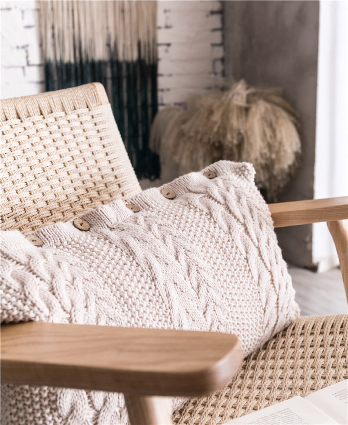 Buttoned Cable Knit Cushion Pillowcase without Filler