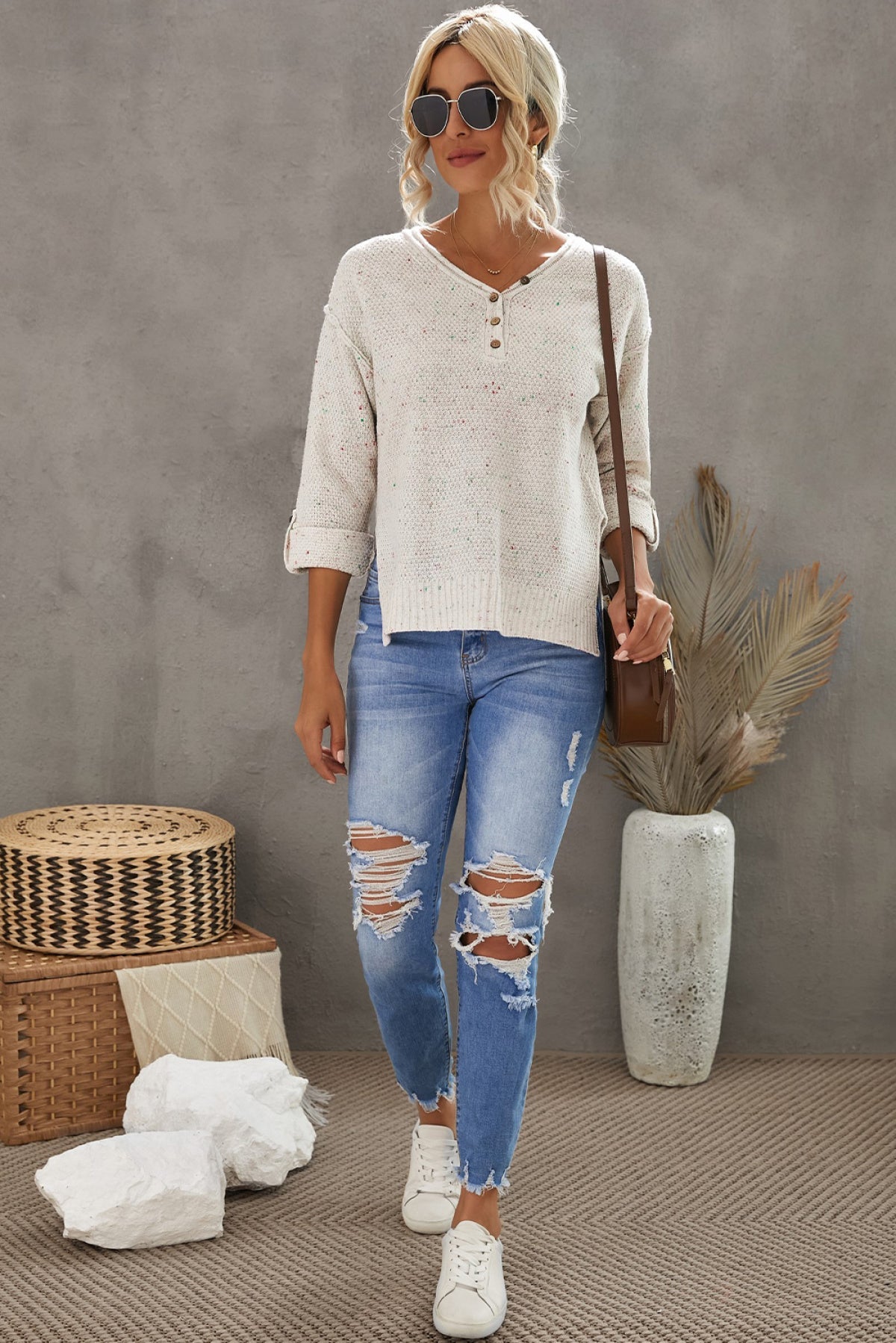 Buttoned Drop Shoulder Knitted Sweater