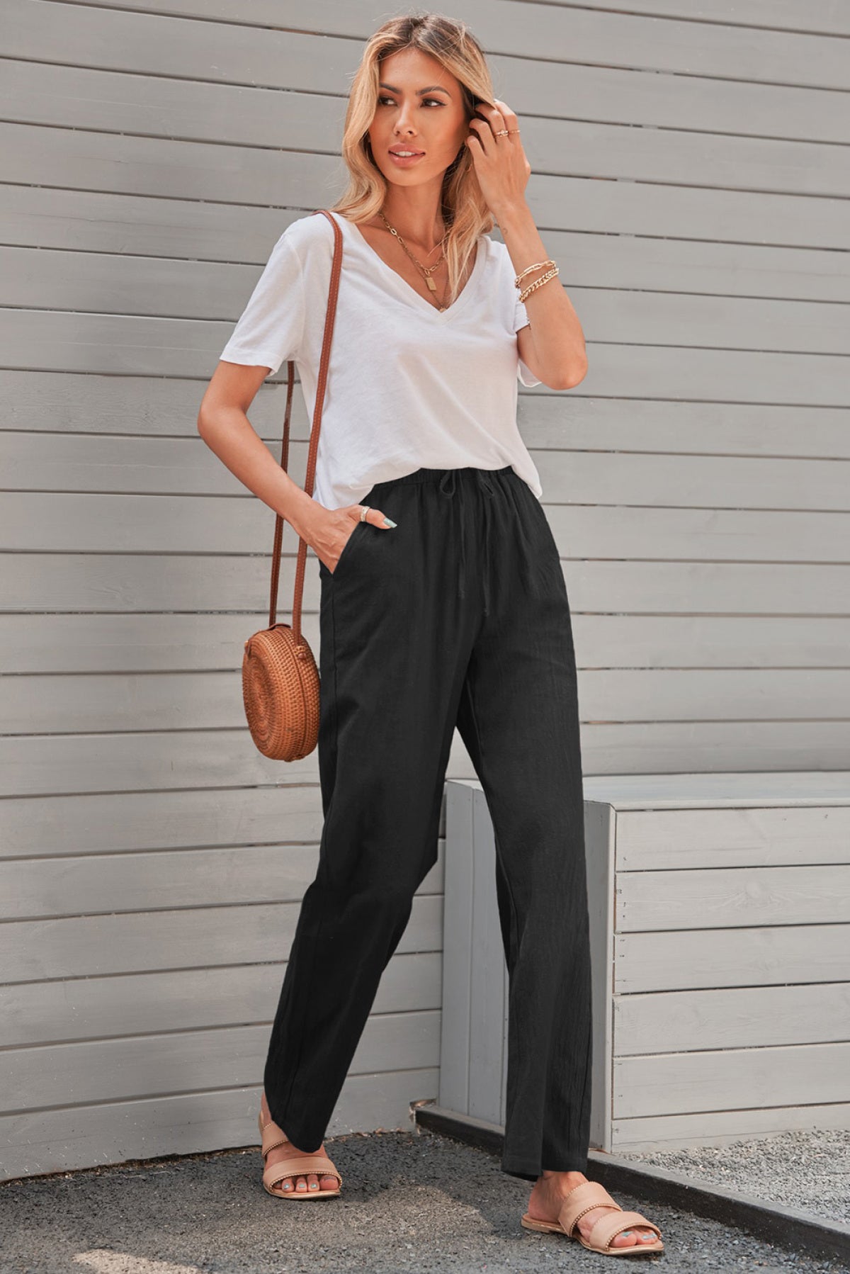 Drawstring Elastic Waist Pockets Long Straight Legs Pants