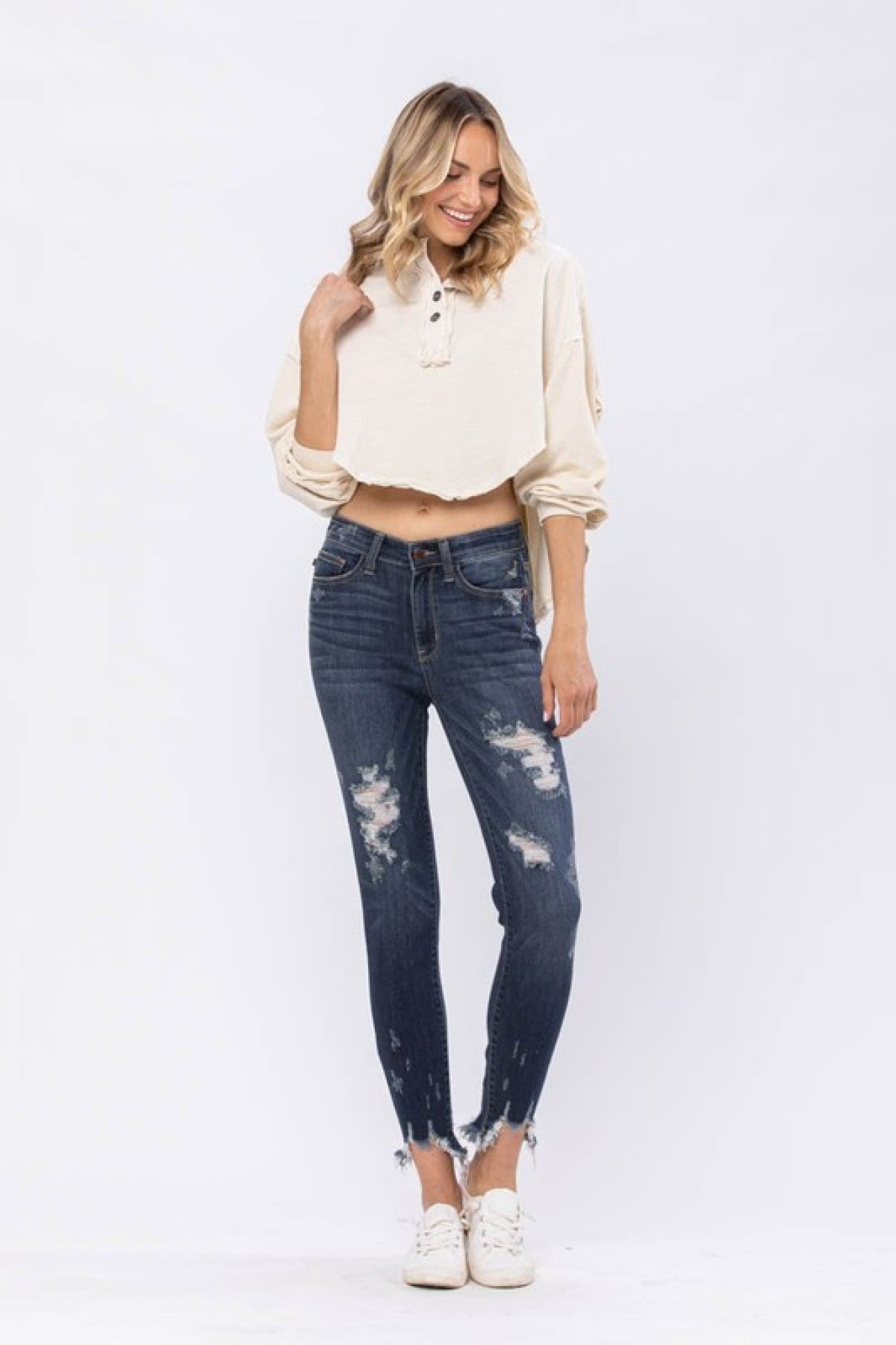 Judy Blue Mid-Rise Destroyed Hem Shark Bite Skinny Jeans