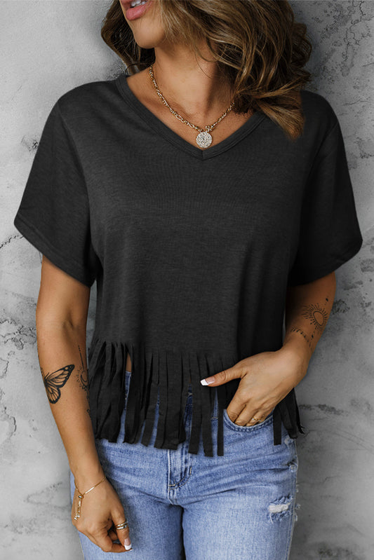 V-Neck Fringe Hem T-Shirt