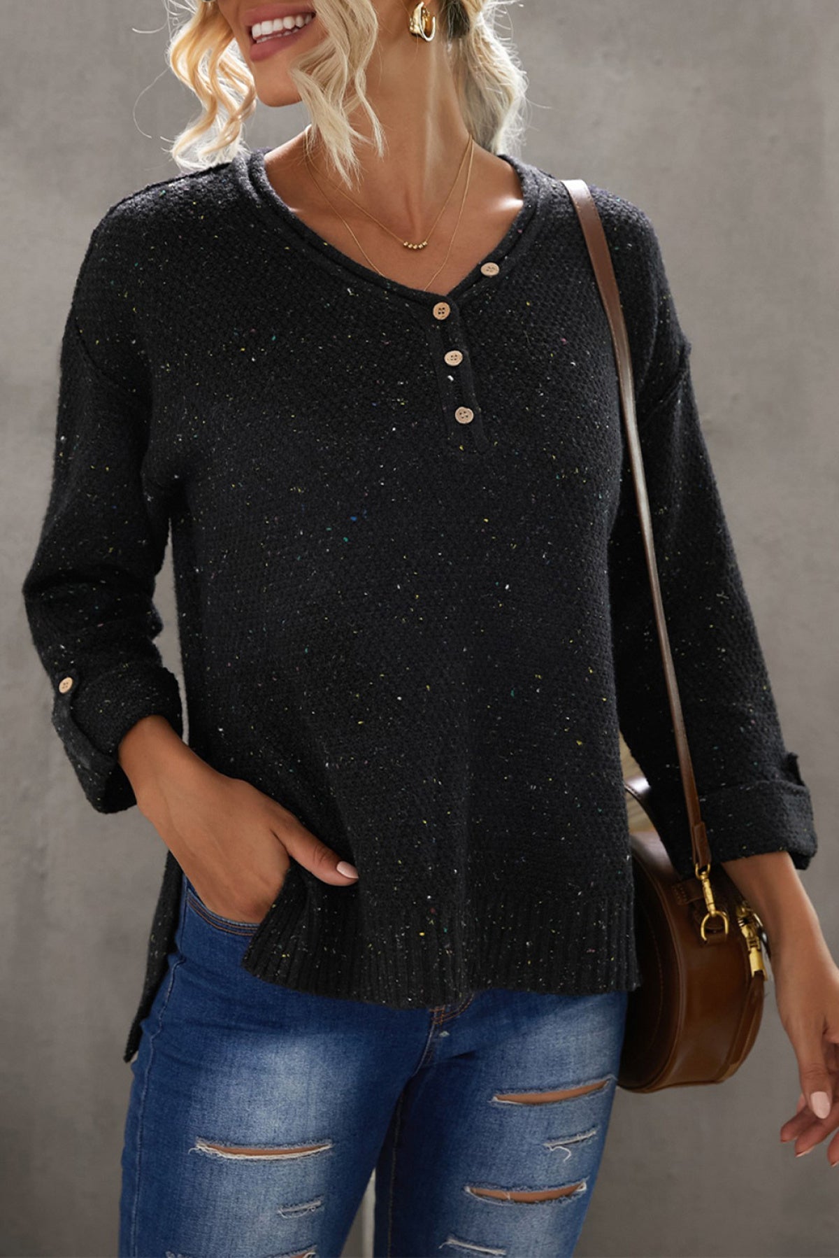 Buttoned Drop Shoulder Knitted Sweater