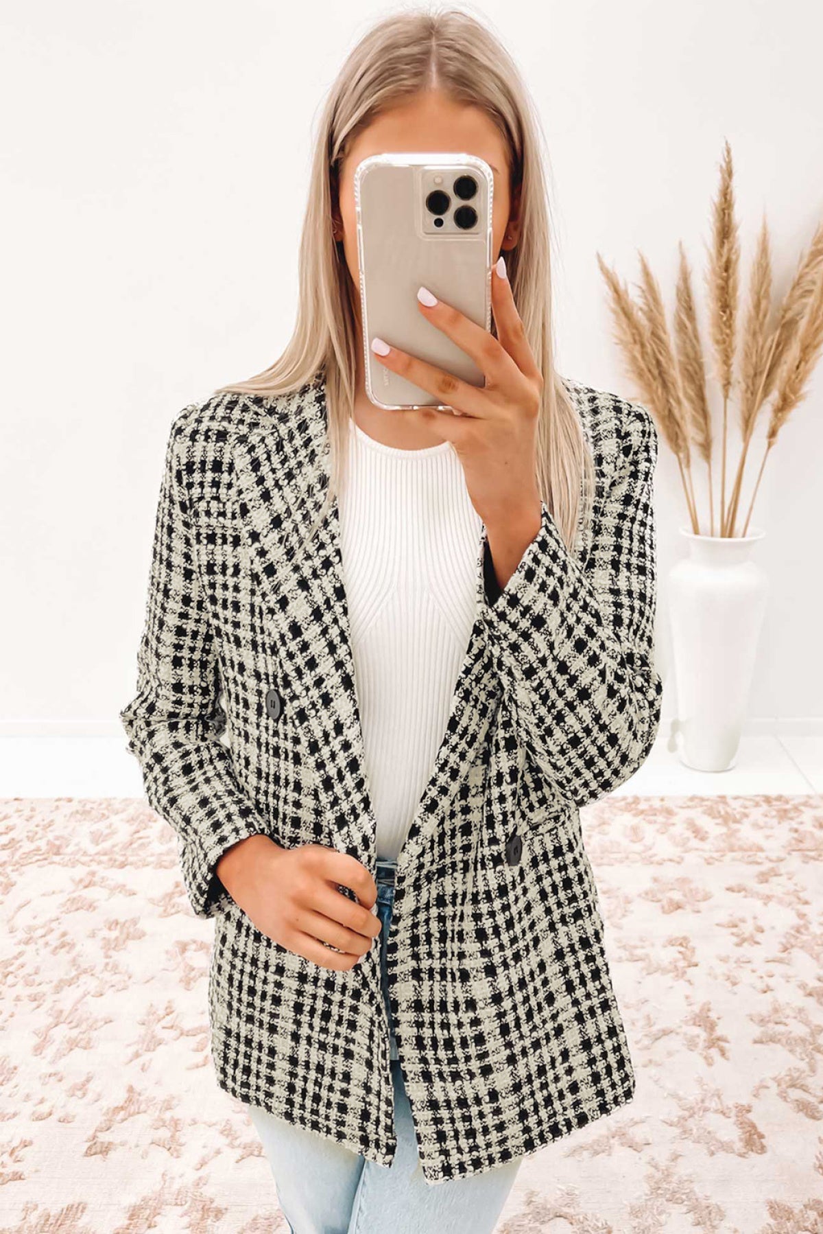 Black White Lapel Collar Buttoned Gingham Tweed Blazer