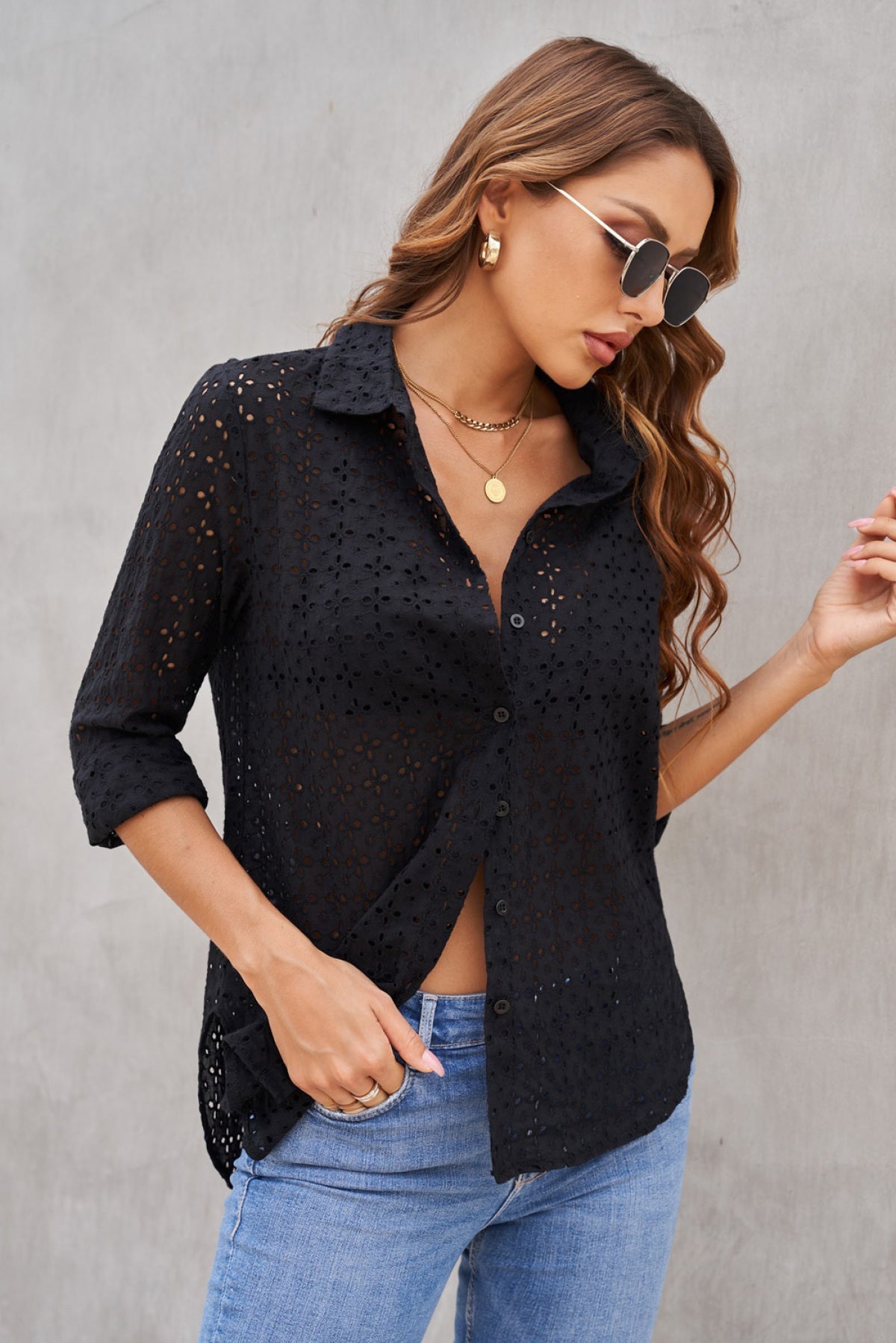 Long Sleeve Eyelet Floral Cut Out Shirt