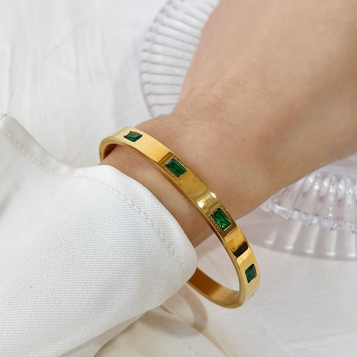 Emerald Zirconia Inlay Bangle Bracelet