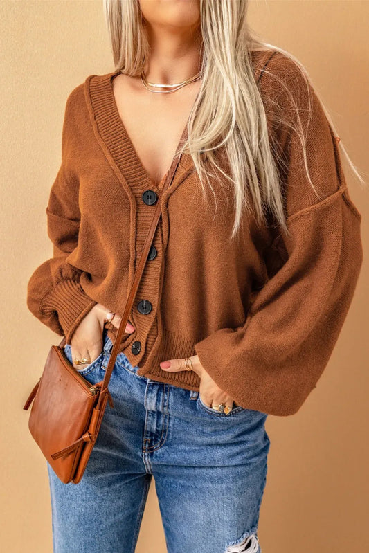 Reverse Seam Trim Puff Sleeve Plunging Cardigan