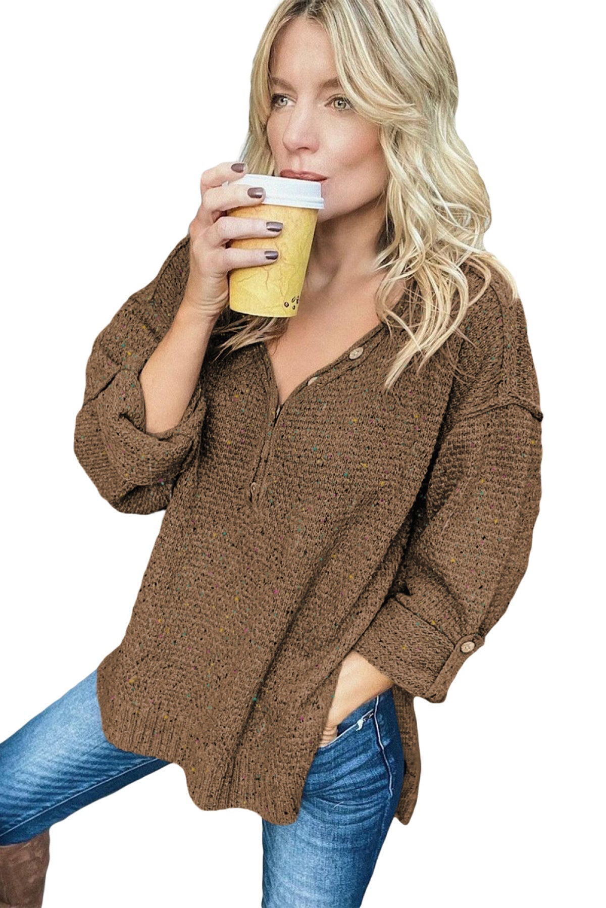 Buttoned Drop Shoulder Knitted Sweater