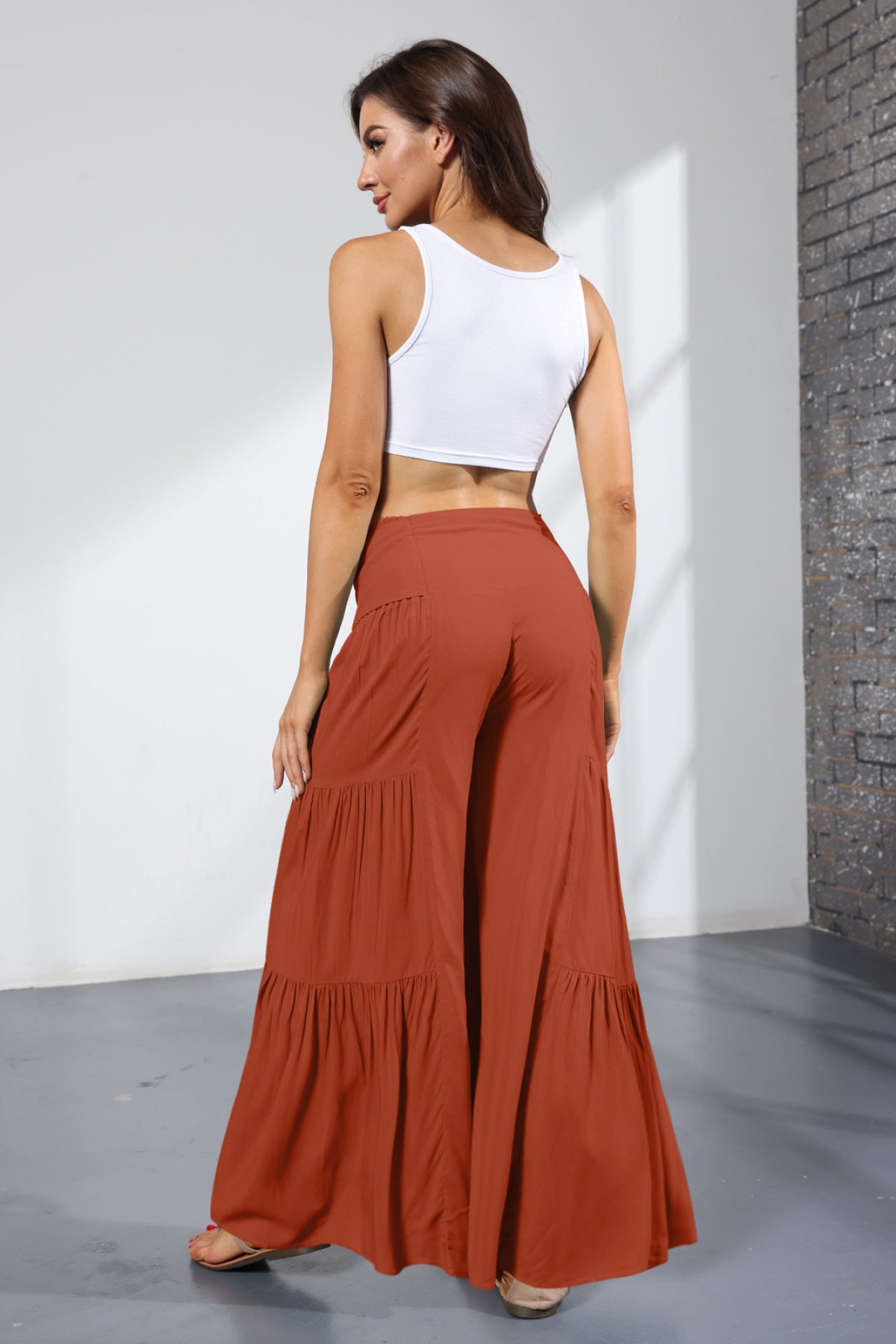 Solid Tie Waist Tiered Wide Flare Pants