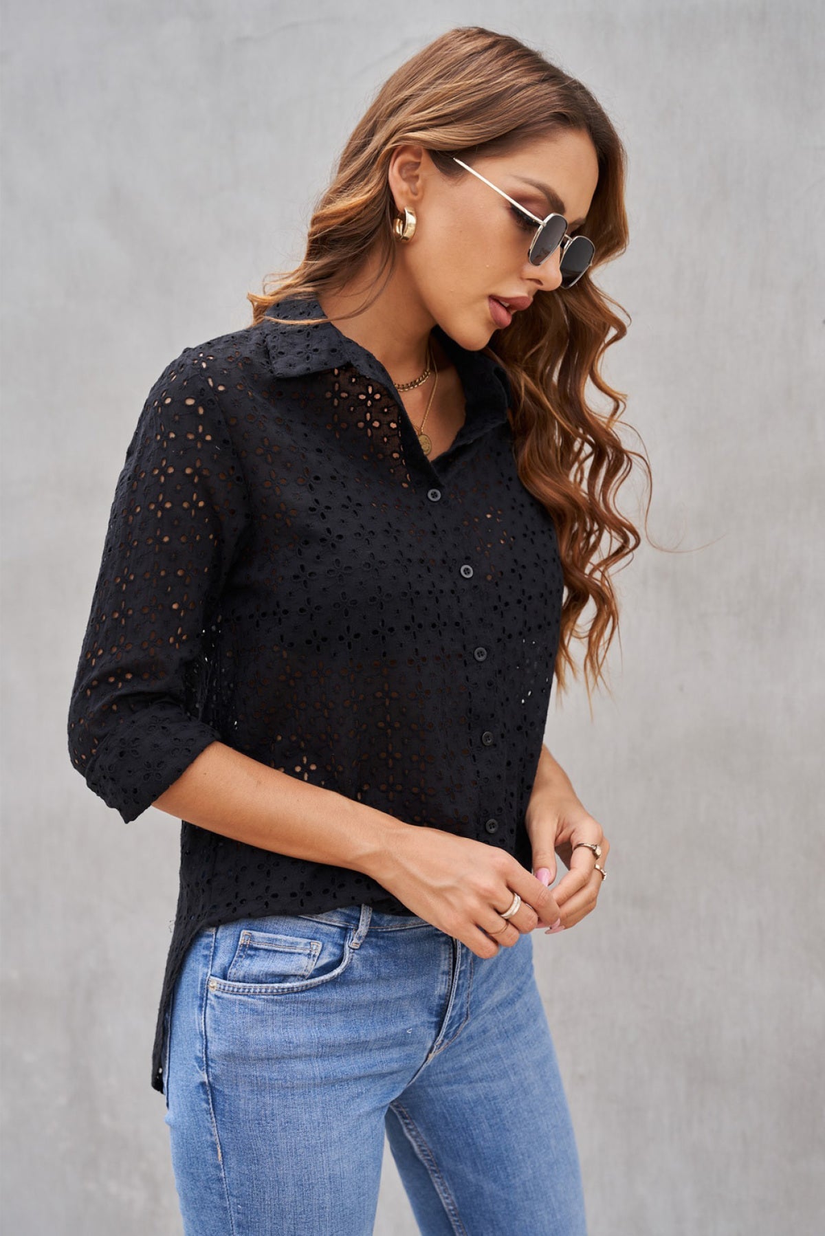 Long Sleeve Eyelet Floral Cut Out Shirt