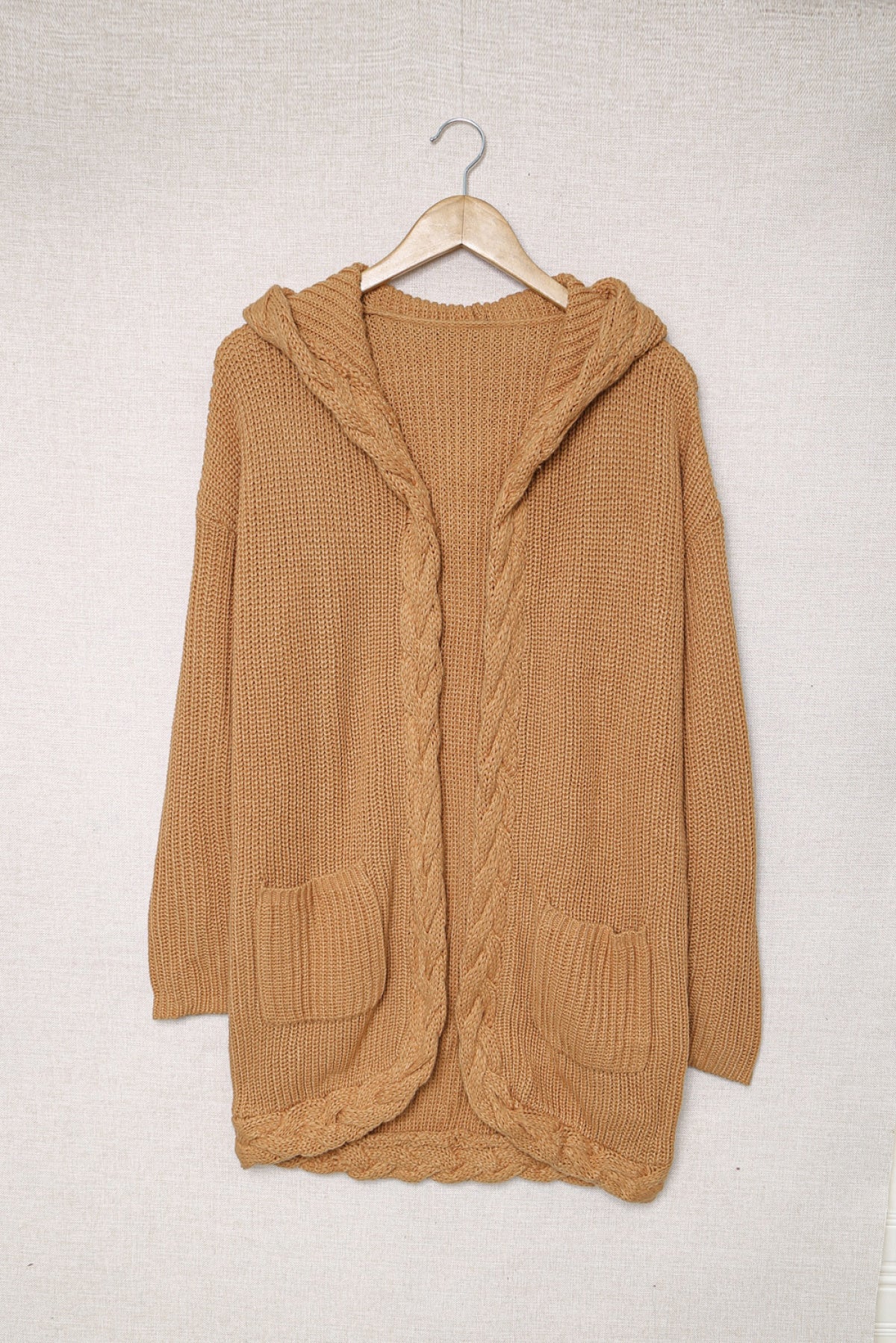 Solid Color Cable Knit Cardigan With Pockets