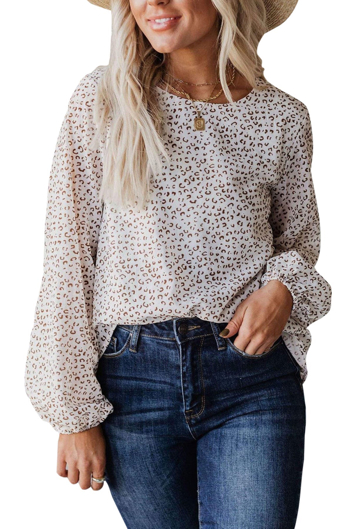 Leopard Round Neck Long Sleeve Blouse