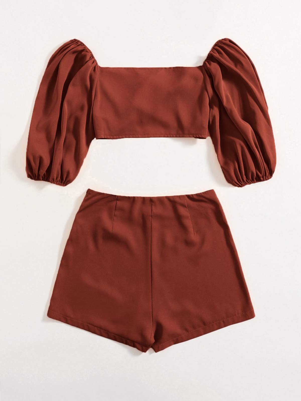 Solid Tie Front Crop Top & Shorts Set