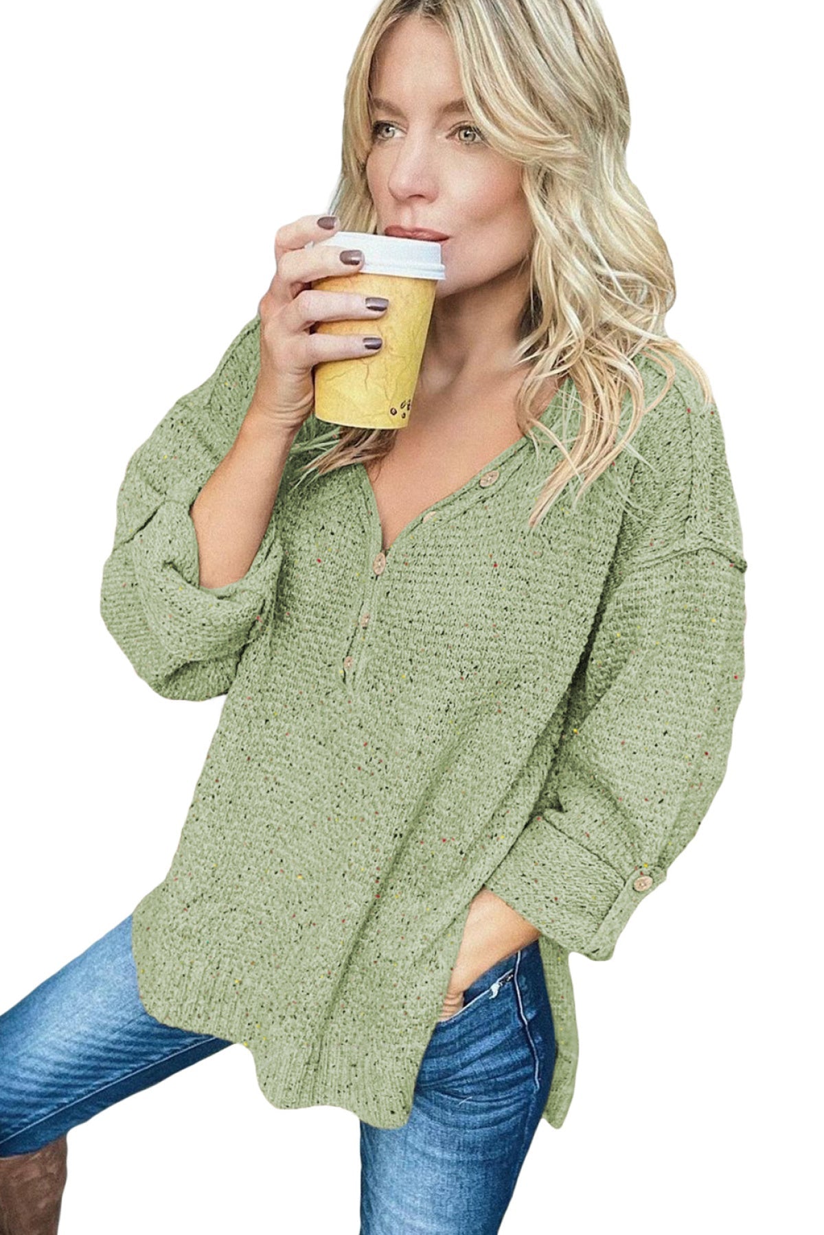 Buttoned Drop Shoulder Knitted Sweater