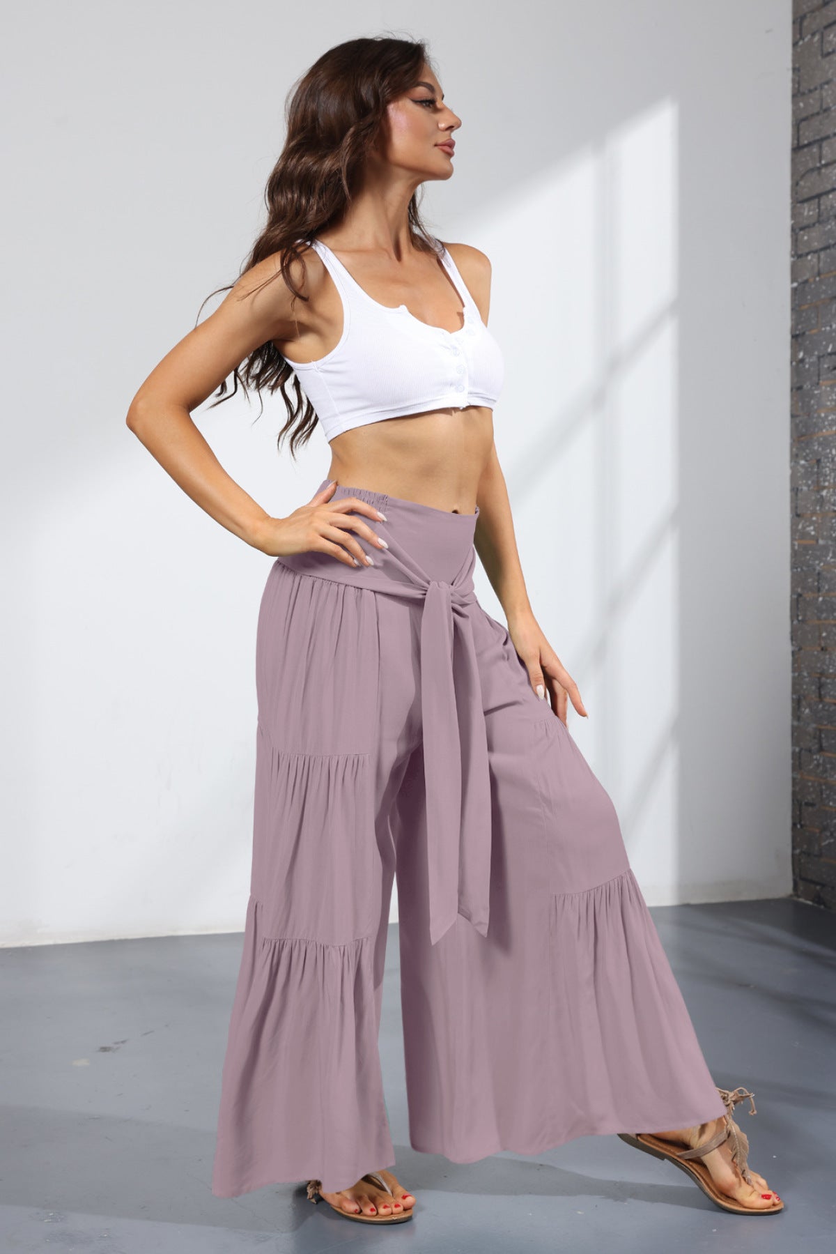 Solid Tie Waist Tiered Wide Flare Pants