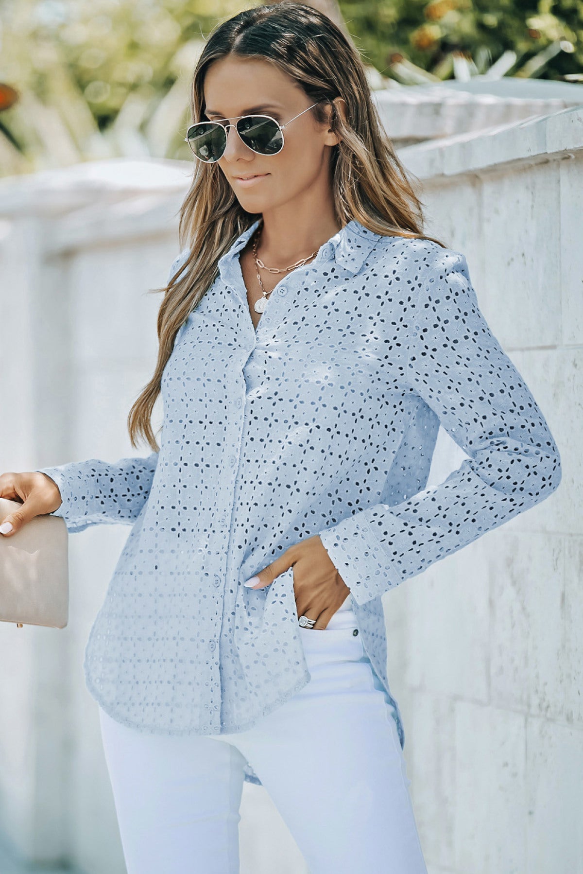 Long Sleeve Eyelet Floral Cut Out Shirt